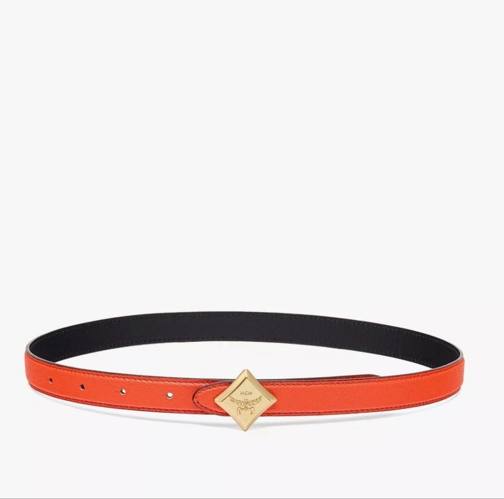 MCM Reversible Diamond Logo Belt Embossed Orange Black Leather Belt Gold 085 New